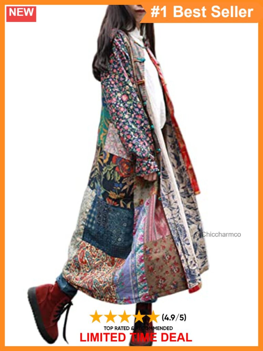 Bohemian Floral Patchwork Trench Coat Cotton Linen Duster Jacket